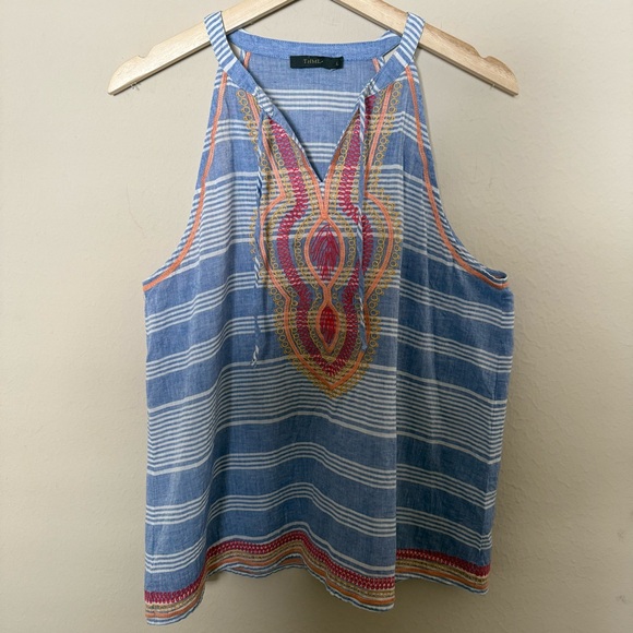 Anthropologie Tops - TMHL Anthropologie Blue & White Sleeveless Tank With Orange & Red Embroidery L